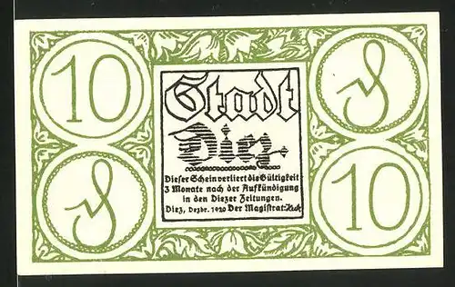 Notgeld Diez 1920, 10 Pfennig, Ortsansicht & Schrift in Latein