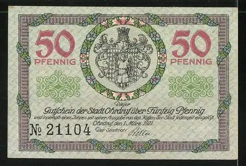Notgeld Ohrdruf 1921, 50 Pfennig, Ortspartie, Wappen