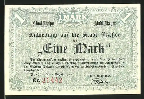 Notgeld Itzehoe 1921, 1 Mark, im Lager der Kaiserlichen und Stadtwappen