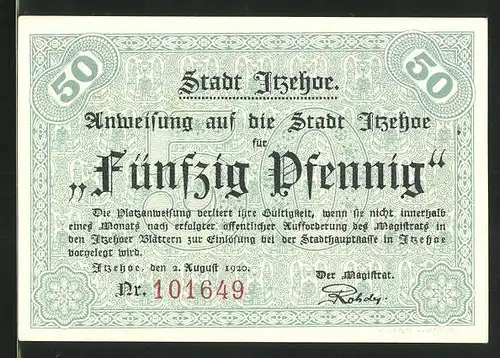 Notgeld Itzehoe 1921, 50 Pfennig, das Lager der Kaiserlichen und Stadtwappen