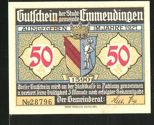Notgeld Emmendingen 1921, 50 Pfennig, Stadtwappen, Stadtmauer und Steg