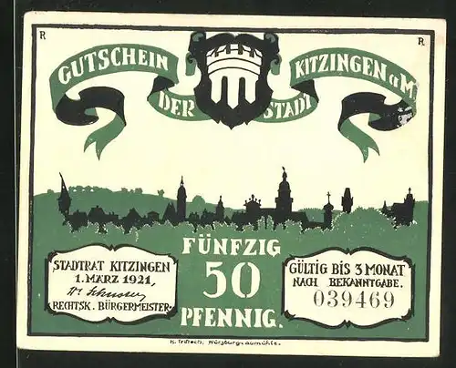 Notgeld Kitzingen am Main 1921, 50 Pfennig, Stadtwappen und Ortsansicht, Ratsherren schauen in leeren Sack