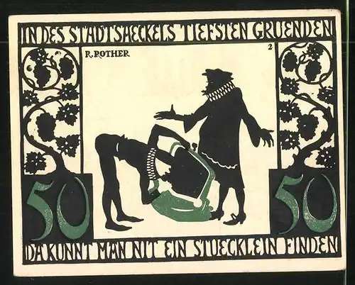 Notgeld Kitzingen am Main 1921, 50 Pfennig, Stadtwappen und Ortsansicht, Ratsherren schauen in leeren Sack