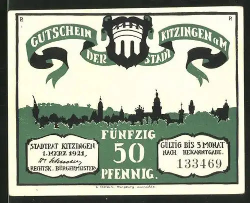 Notgeld Kitzingen am Main 1921, 50 Pfennig, Stadtwappen und Stadtsilhouette, Ratsherr vor Rathaus
