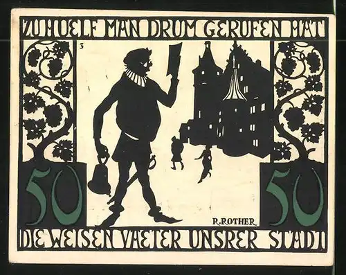 Notgeld Kitzingen am Main 1921, 50 Pfennig, Stadtwappen und Stadtsilhouette, Ratsherr vor Rathaus