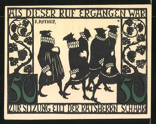 Notgeld Kitzingen am Main 1921, 50 Pfennig, Stadtwappen und Stadtsilhouette, Ratsherren