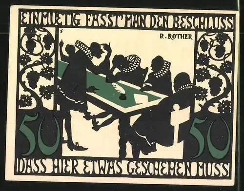 Notgeld Kitzingen am Main 1921, 50 Pfennig, Stadtwappen und Stadtsilhouette, Ratsherren im Gespräch
