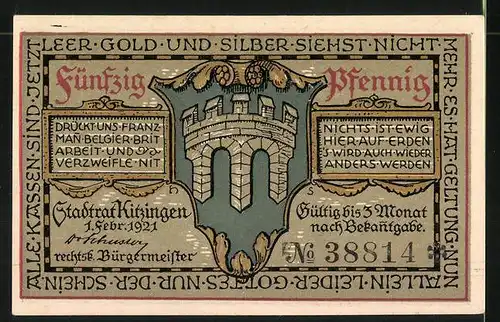 Notgeld Kitzingen am Main 1921, 50 Pfennig, Stadtwappen, Schiffsbauer mit Modell