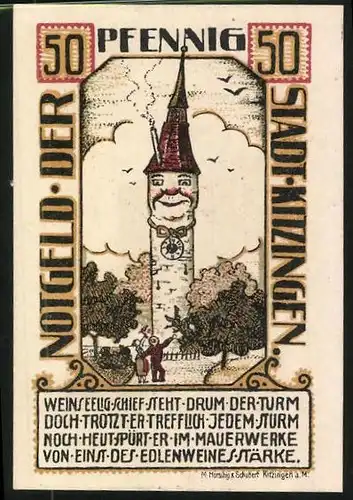 Notgeld Kitzingen 1921, 50 Pfennig, Burgturm, Uhrturm