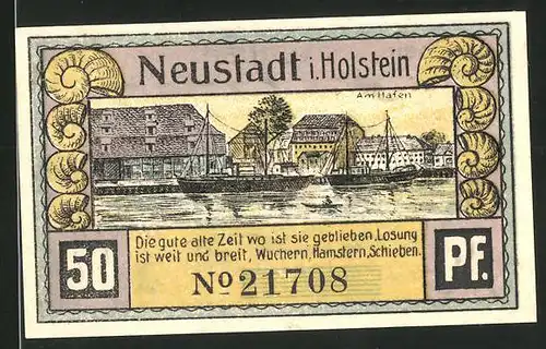Notgeld Neustadt in Holstein 1921, 50 Pfennig, die alten Neustädter, am Hafen