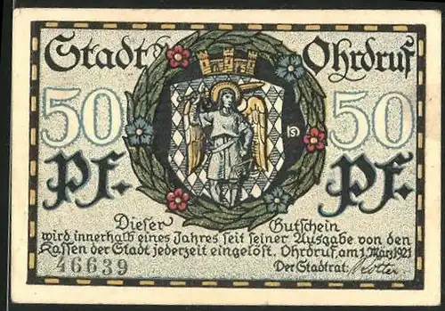Notgeld Ohrdruf 1921, 50 Pfennig, Ortsansicht, Stadtwappen