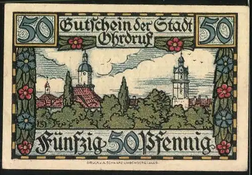 Notgeld Ohrdruf 1921, 50 Pfennig, Ortsansicht, Stadtwappen