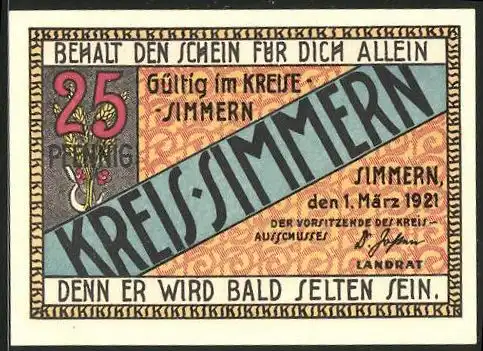 Notgeld Simmern 1921, 25 Pfennig, Getreide, Ortsansicht