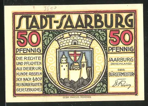 Notgeld Saarburg (Rheinland), 50 Pfennig, Stadtwappen, Ortsansicht aus alter Zeit