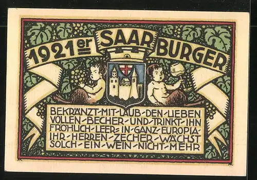 Notgeld Saarburg (Rheinland), 50 Pfennig, Stadtwappen, Zentaurenkinder mit Weingläsern
