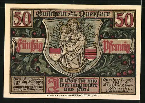Notgeld Querfurt 1921, 50 Pfennig, Bilder vom Jahrmarkt, Stadtwappen