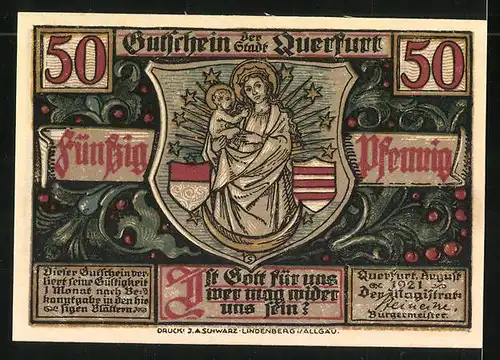 Notgeld Querfurt 1921, 50 Pfennig, Erzbischof Brun segnet Kleinkinder, Stadtwappen