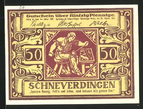 Notgeld Schneverdingen 1921, 50 Pfennig, Schuhmacher bei der Arbeit