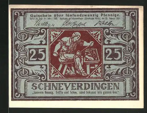 Notgeld Schneverdingen 1921, 25 Pfennig, Schuhmacher bei der Arbeit