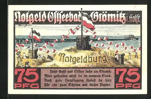 Notgeld Grömitz in Holstein 1921, 75 Pfennig, Ortsansicht, Notgeldburg