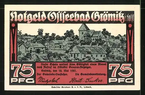 Notgeld Grömitz in Holstein 1921, 75 Pfennig, Ortsansicht, Notgeldburg