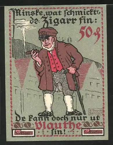 Notgeld Vlotho 1921, 50 Pfennig, alter Mann rauch Zigarre