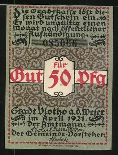 Notgeld Vlotho 1921, 50 Pfennig, alter Mann rauch Zigarre