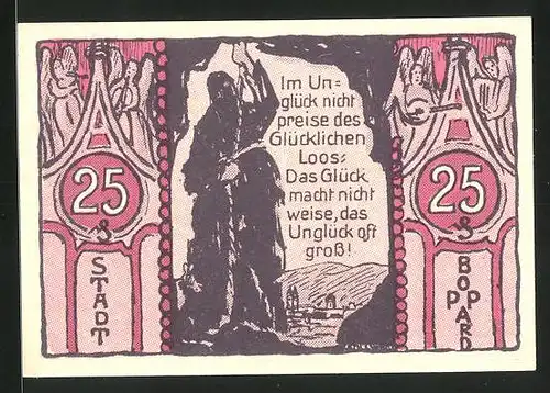 Notgeld Boppard 1921, 25 Pfennig, Bruder Michel mit Gebetskette, Henker mit Strick am Ortsrand