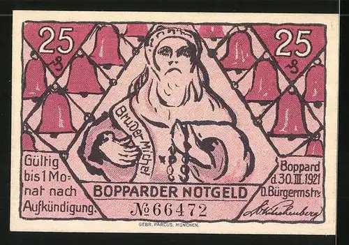 Notgeld Boppard 1921, 25 Pfennig, Bruder Michel mit Gebetskette, Henker mit Strick am Ortsrand