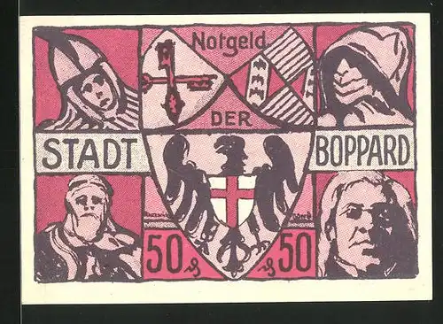 Notgeld Boppard 1921, 50 Pfennig, Kirche, Stadtwappen