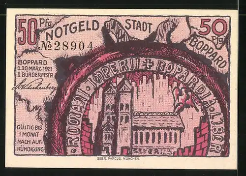 Notgeld Boppard 1921, 50 Pfennig, Kirche, Stadtwappen