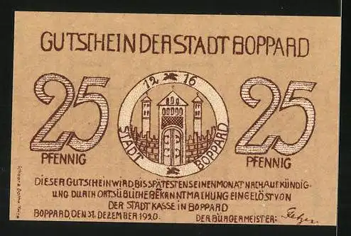 Notgeld Boppard 1920, 25 Pfennig, Partie am Stadtrand, Wehrturm & Stadtmauer