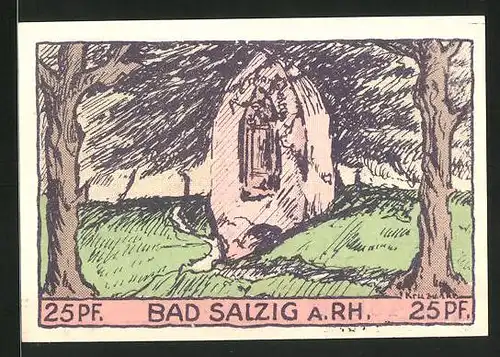 Notgeld Bad Salzig 1921, 25 Pfennig, Frau & sprudelnde Quelle, Marienbildnis