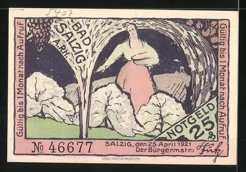 Notgeld Bad Salzig 1921, 25 Pfennig, Frau & sprudelnde Quelle, Marienbildnis