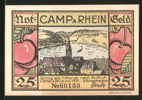 Notgeld Camp am Rhein 1921, 25 Pfennig, Rheinmotiv, Ortsansicht