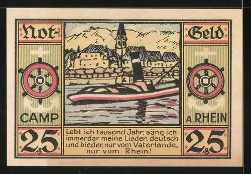 Notgeld Camp am Rhein 1921, 25 Pfennig, Rheinmotiv, Ortsansicht