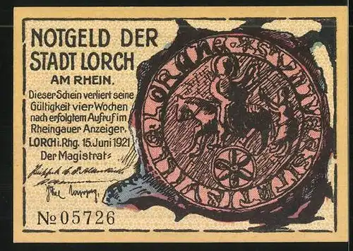 Notgeld Lorch 1921, 25 Pfennig, Mann am Ortsrand, Siegel