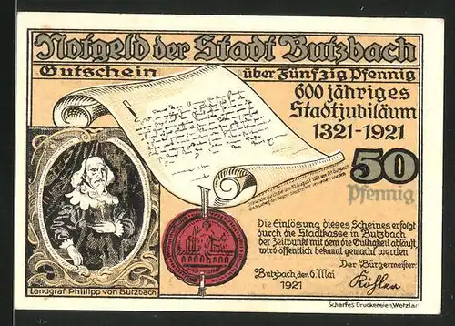 Notgeld Butzbach 1921, 50 Pfennig, Hexenturm u Griedeler Tor, Portrait Landgraf Phillipp von Butzbach, Dokument & Siegel