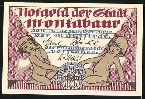 Notgeld Montabaur 1920, 10 Pfennig, Bauernhof, Engel mit Stadtwappen