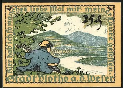 Notgeld Vlotho 1921, 25 Pfennig, Musiker mit Laute blickt zur Weser