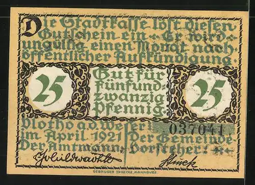 Notgeld Vlotho 1921, 25 Pfennig, Musiker mit Laute blickt zur Weser
