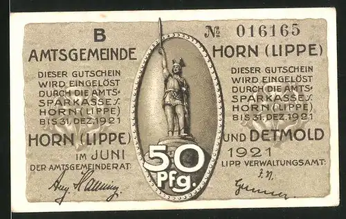 Notgeld Horn (Lippe) 1921, 50 Pfennig, Hermannsdenkmal, Schlacht im Teutoburger Wald