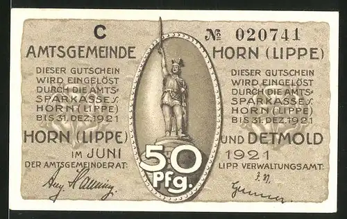 Notgeld Horn (Lippe) 1921, 50 Pfennig, Hermannsdenkmal, Schlacht im Teutoburger Wald