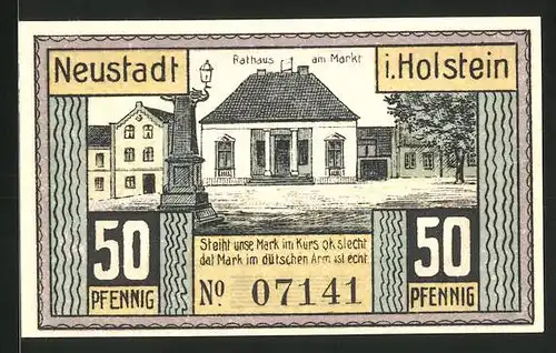 Notgeld Neustadt in Holstein 1921, 50 Pfennig, das Eisenbahn-Projekt, Rathaus am Markt