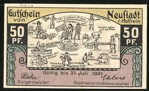 Notgeld Neustadt in Holstein 1921, 50 Pfennig, das Eisenbahn-Projekt, Rathaus am Markt