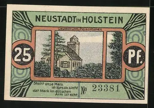 Notgeld Neustadt in Holstein 1921, 25 Pfennig, Holstein wird übergeben, Leuchtturm Pelzerhaken