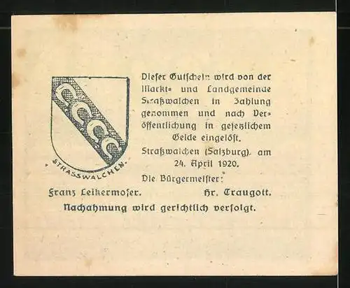 Notgeld Strasswalchen 1920, 20 Heller, Stadtwappen, Kriegerdenkmal und Kirche