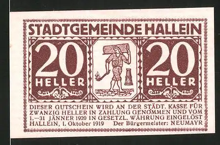 Notgeld Hallein 1919, 20 Heller, Stadtwappen, Mann mit Fackel