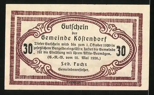 Notgeld Köstendorf 1920, 30 Heller, Ortsansicht