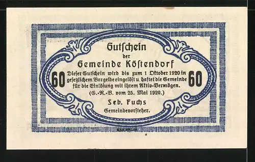 Notgeld Köstendorf 1920, 60 Heller, Kirche